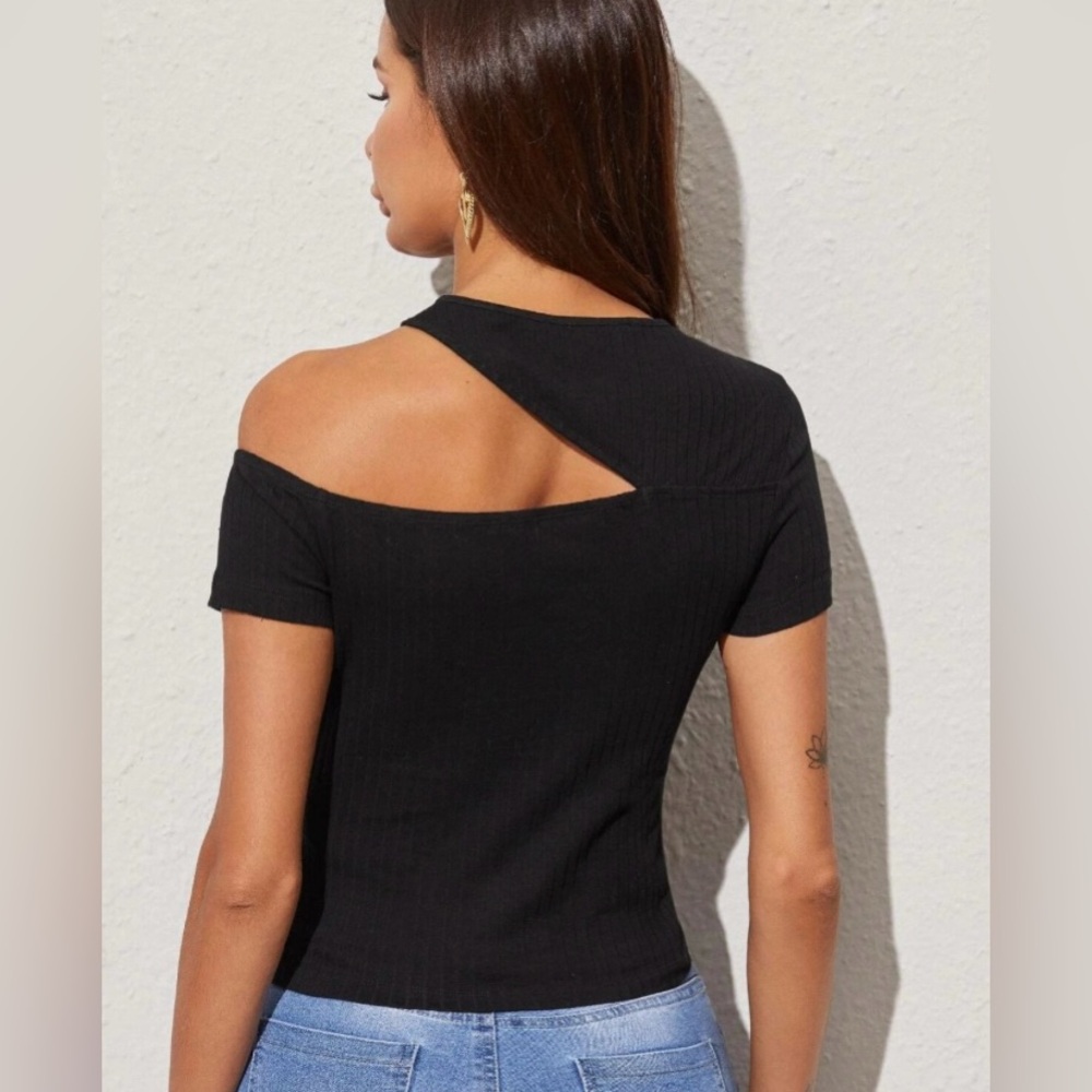 NWOT Asymmetrical cutout crop top festival party stretchy Shein ribbed top sexy - Picture 2 of 9